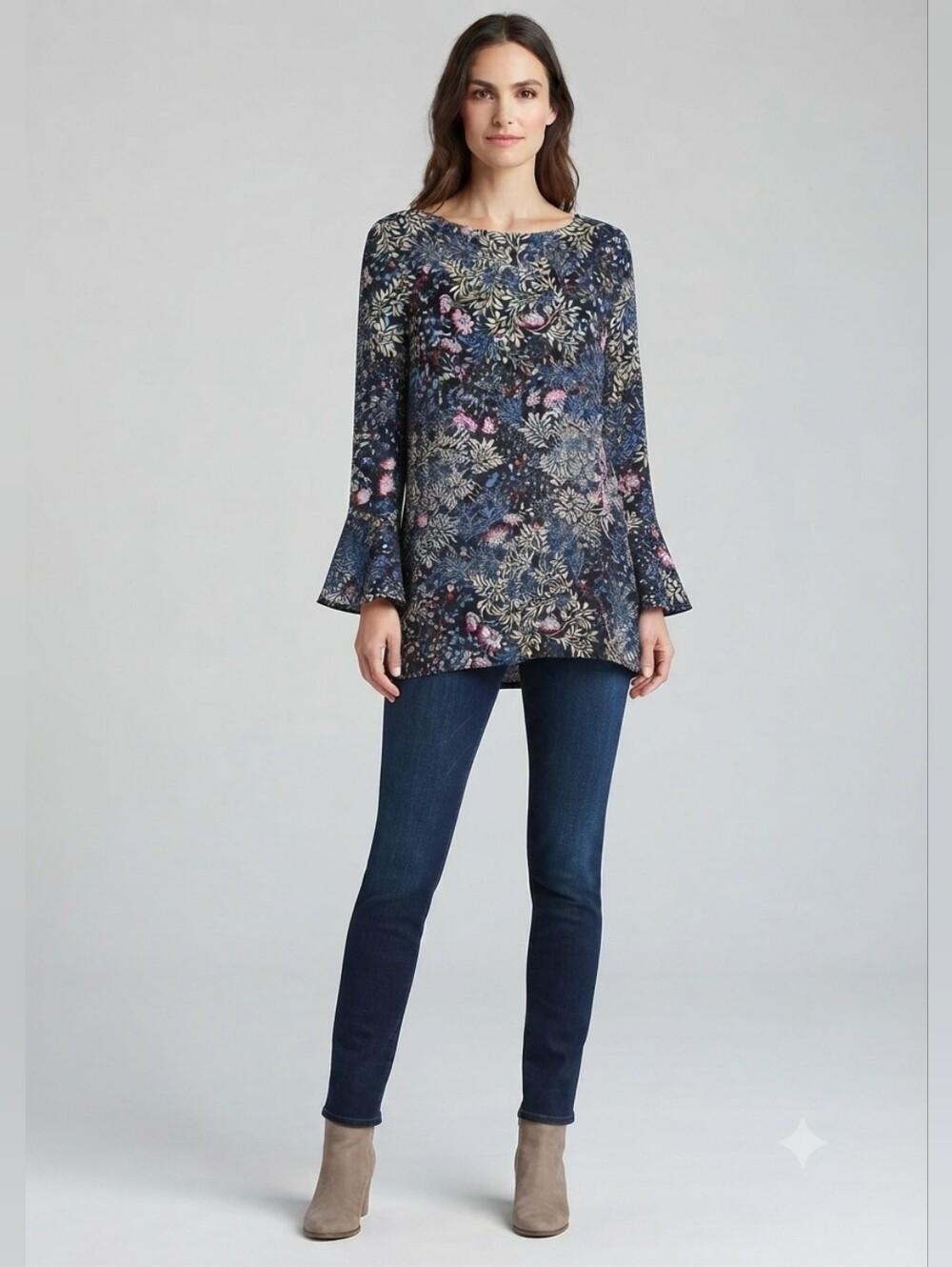 NWOT J.Jill Navy Floral Bell Sleeve Rayon Tunic Large